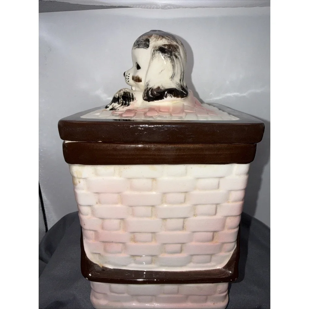 Vintage Napco MCM Basket Weave Cookie Jar w/ Lid With Bla&whit Puppy Basket Pink